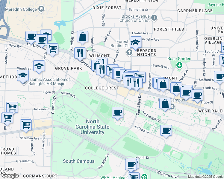 map of restaurants, bars, coffee shops, grocery stores, and more near 3101 Hillsborough Street in Raleigh