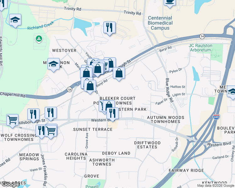 map of restaurants, bars, coffee shops, grocery stores, and more near 5115 Beryl Road in Raleigh
