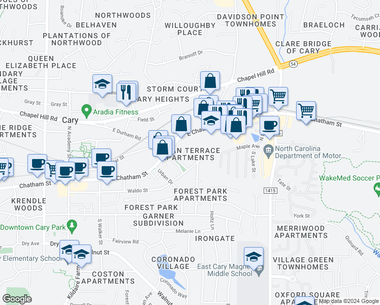 map of restaurants, bars, coffee shops, grocery stores, and more near 504 East Chatham Street in Cary