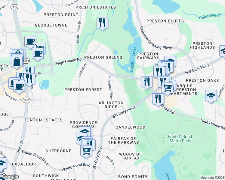 map of restaurants, bars, coffee shops, grocery stores, and more near 313 Arlington Ridge in Cary