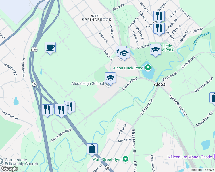 map of restaurants, bars, coffee shops, grocery stores, and more near 4730 Airport Highway in Alcoa