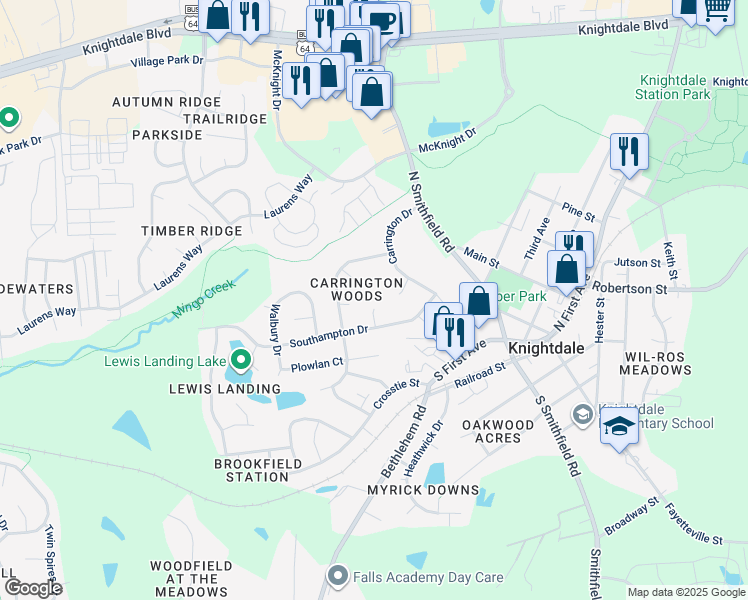 map of restaurants, bars, coffee shops, grocery stores, and more near 110 Earlston Court in Knightdale