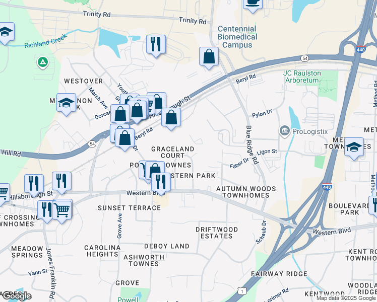 map of restaurants, bars, coffee shops, grocery stores, and more near 132 Pineland Circle in Raleigh