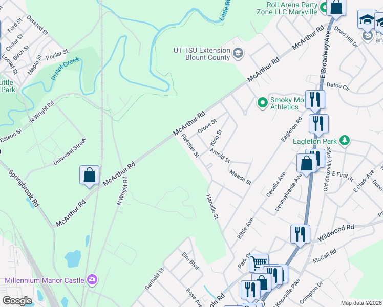 map of restaurants, bars, coffee shops, grocery stores, and more near 521 Arnold Street in Maryville