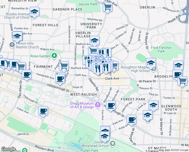 map of restaurants, bars, coffee shops, grocery stores, and more near 2128 Clark Avenue in Raleigh