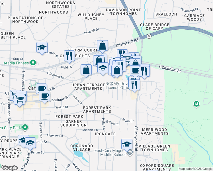 map of restaurants, bars, coffee shops, grocery stores, and more near 598 East Chatham Street in Cary