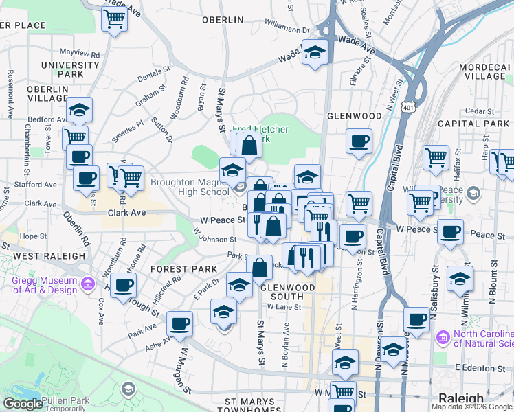 map of restaurants, bars, coffee shops, grocery stores, and more near 716 Saint Marys Street in Raleigh