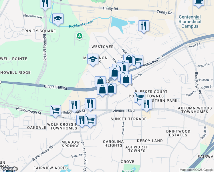 map of restaurants, bars, coffee shops, grocery stores, and more near 5403 Chapel Hill Road in Raleigh