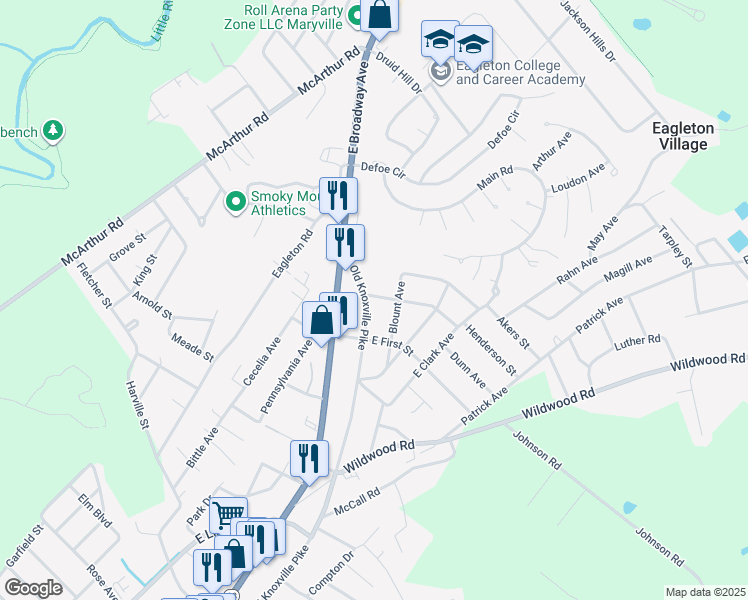 map of restaurants, bars, coffee shops, grocery stores, and more near 2602 Blount Avenue in Maryville