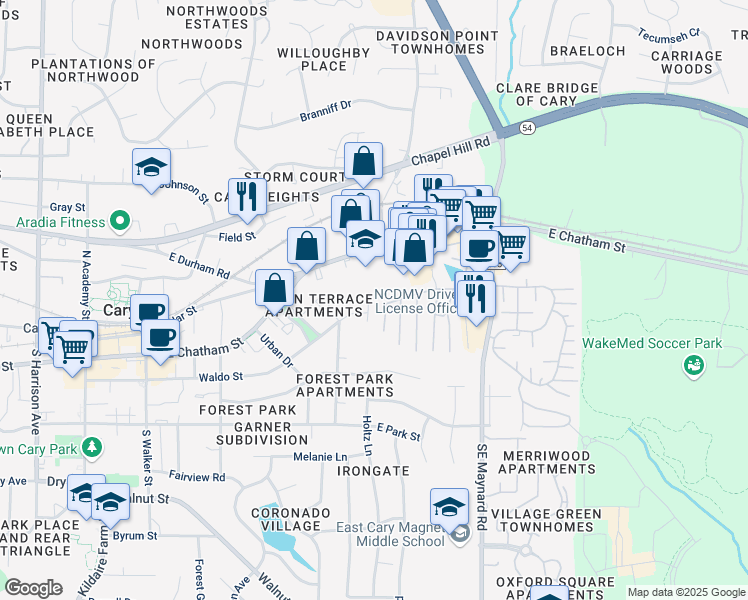 map of restaurants, bars, coffee shops, grocery stores, and more near 115 Rainbow Court in Cary