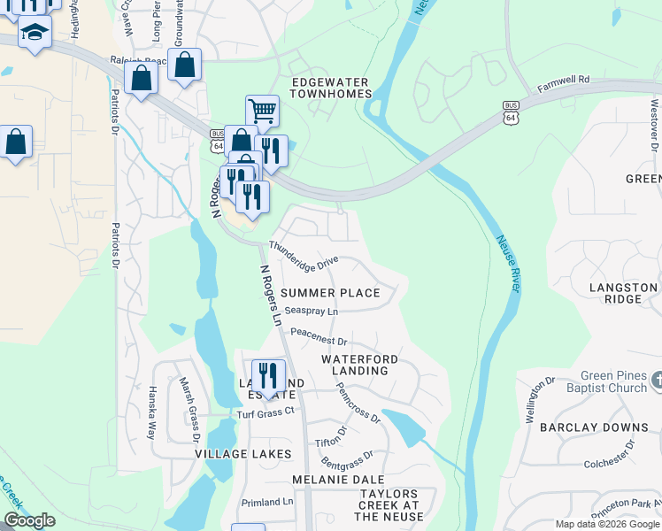map of restaurants, bars, coffee shops, grocery stores, and more near 1112 Penncross Drive in Raleigh