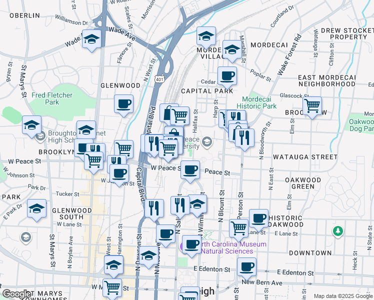 map of restaurants, bars, coffee shops, grocery stores, and more near 801 Halifax Street in Raleigh