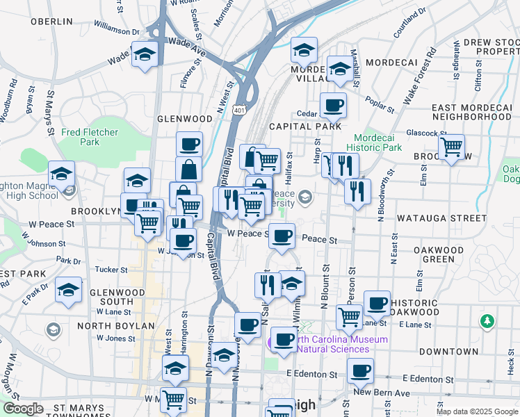 map of restaurants, bars, coffee shops, grocery stores, and more near 804 Semart Drive in Raleigh