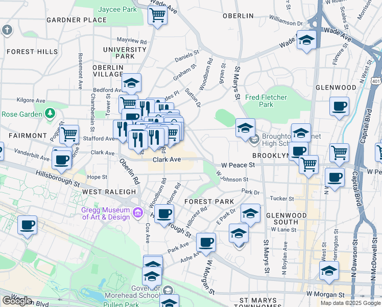 map of restaurants, bars, coffee shops, grocery stores, and more near 1835 Bellwood Drive in Raleigh