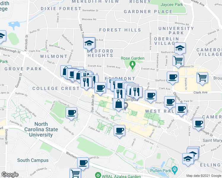 map of restaurants, bars, coffee shops, grocery stores, and more near 2714 Vanderbilt Avenue in Raleigh