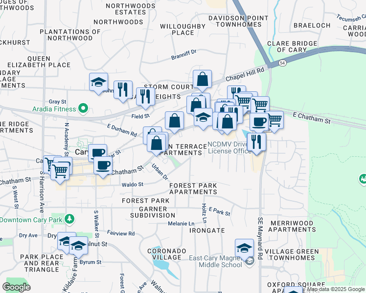 map of restaurants, bars, coffee shops, grocery stores, and more near 504 East Chatham Street in Cary