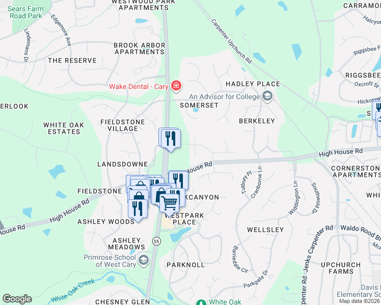 map of restaurants, bars, coffee shops, grocery stores, and more near 200 Birdsgrove Court in Cary