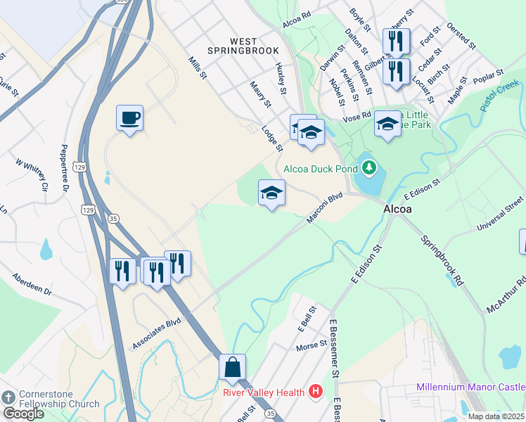 map of restaurants, bars, coffee shops, grocery stores, and more near 4730 Airport Highway in Alcoa