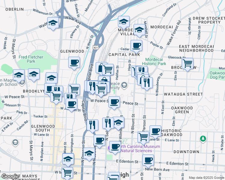 map of restaurants, bars, coffee shops, grocery stores, and more near 721 Halifax Street in Raleigh