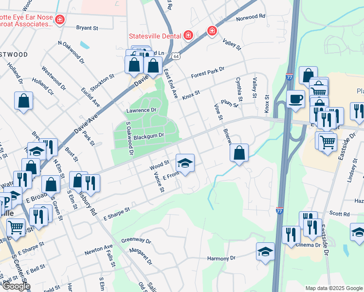 map of restaurants, bars, coffee shops, grocery stores, and more near 119 Birdsey Street in Statesville