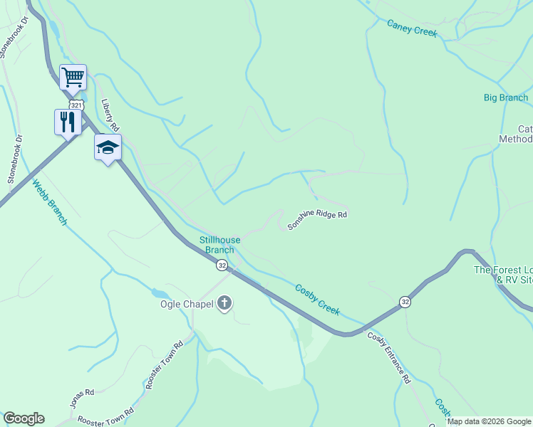map of restaurants, bars, coffee shops, grocery stores, and more near 130 Sonshine Ridge Road in Cosby