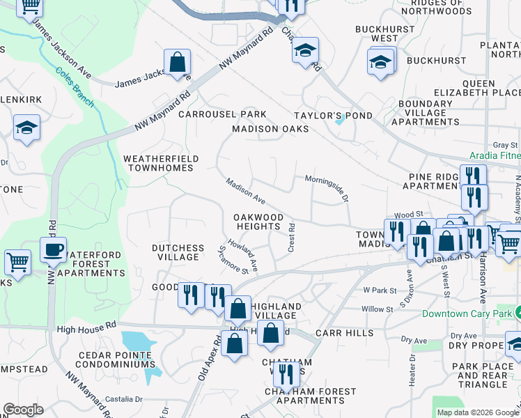 map of restaurants, bars, coffee shops, grocery stores, and more near 712 Madison Avenue in Cary