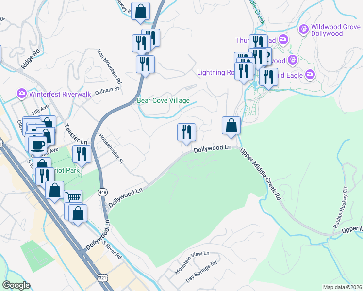 map of restaurants, bars, coffee shops, grocery stores, and more near 1640 Falls Way in Pigeon Forge