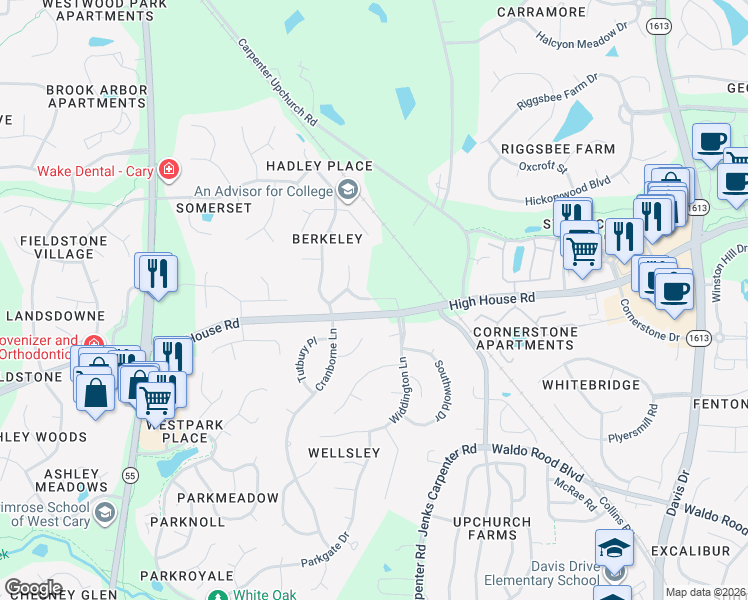map of restaurants, bars, coffee shops, grocery stores, and more near Citrus Place in Cary