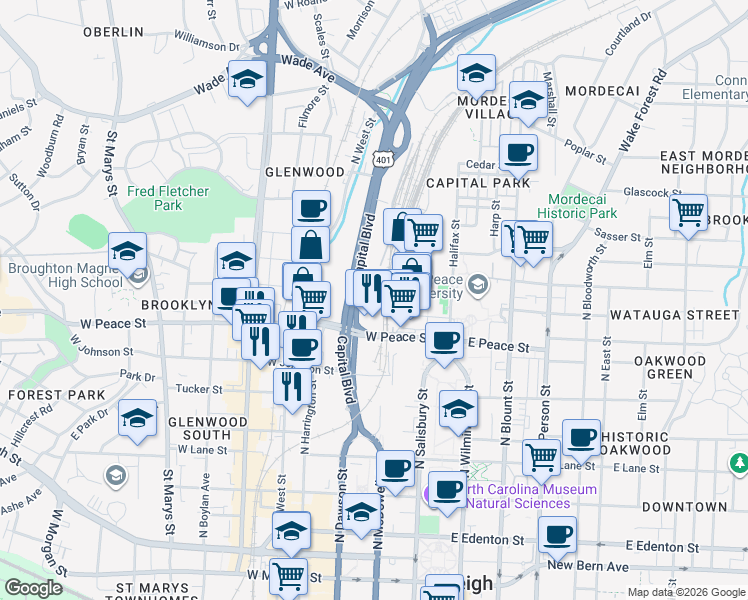 map of restaurants, bars, coffee shops, grocery stores, and more near 614 Capital Boulevard in Raleigh