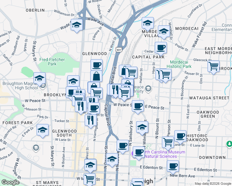 map of restaurants, bars, coffee shops, grocery stores, and more near 614 Capital Boulevard in Raleigh