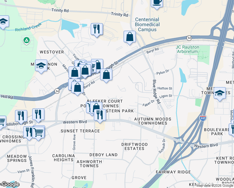 map of restaurants, bars, coffee shops, grocery stores, and more near 4017 Nicolas Place in Raleigh