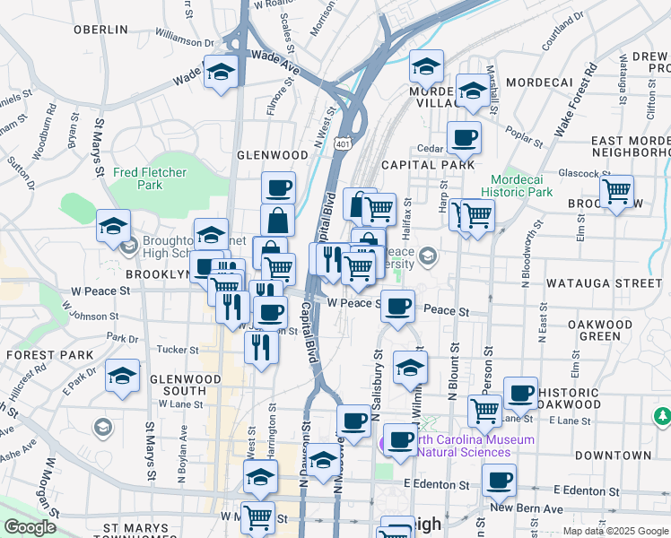 map of restaurants, bars, coffee shops, grocery stores, and more near 614 Capital Boulevard in Raleigh