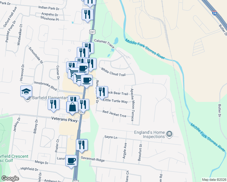 map of restaurants, bars, coffee shops, grocery stores, and more near 2918 Chato Court in Murfreesboro