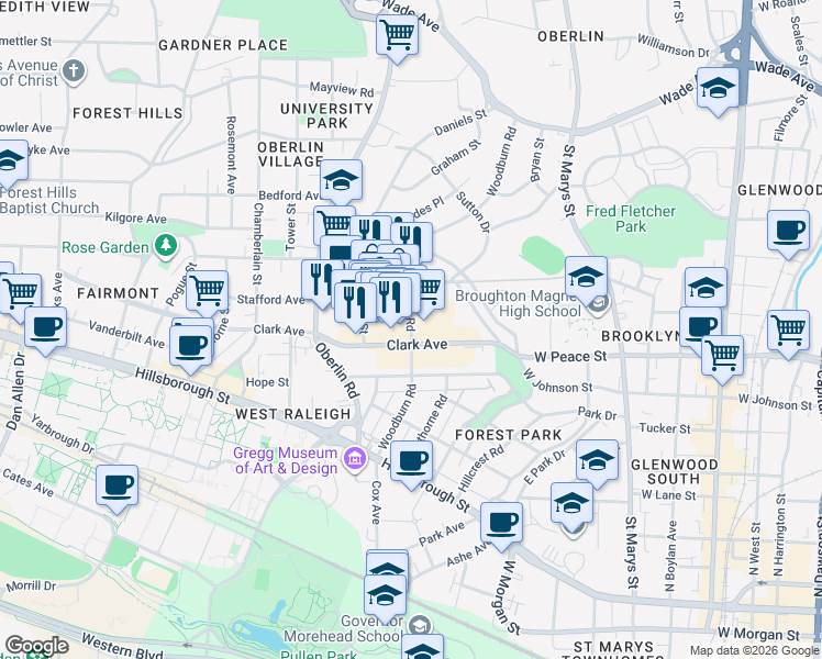 map of restaurants, bars, coffee shops, grocery stores, and more near 427 Woodburn Road in Raleigh