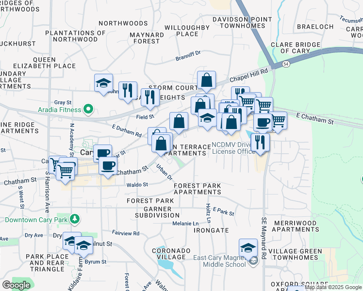 map of restaurants, bars, coffee shops, grocery stores, and more near 101 Terrace Drive in Cary