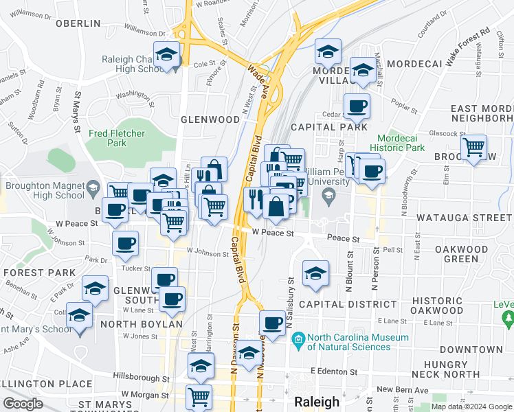 map of restaurants, bars, coffee shops, grocery stores, and more near 614 Capital Boulevard in Raleigh