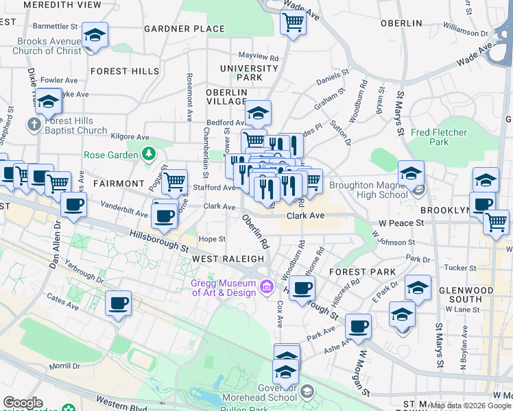 map of restaurants, bars, coffee shops, grocery stores, and more near 2105 Cameron Street in Raleigh