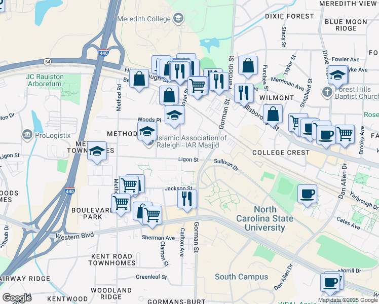 map of restaurants, bars, coffee shops, grocery stores, and more near 813 Wilcox Street in Raleigh