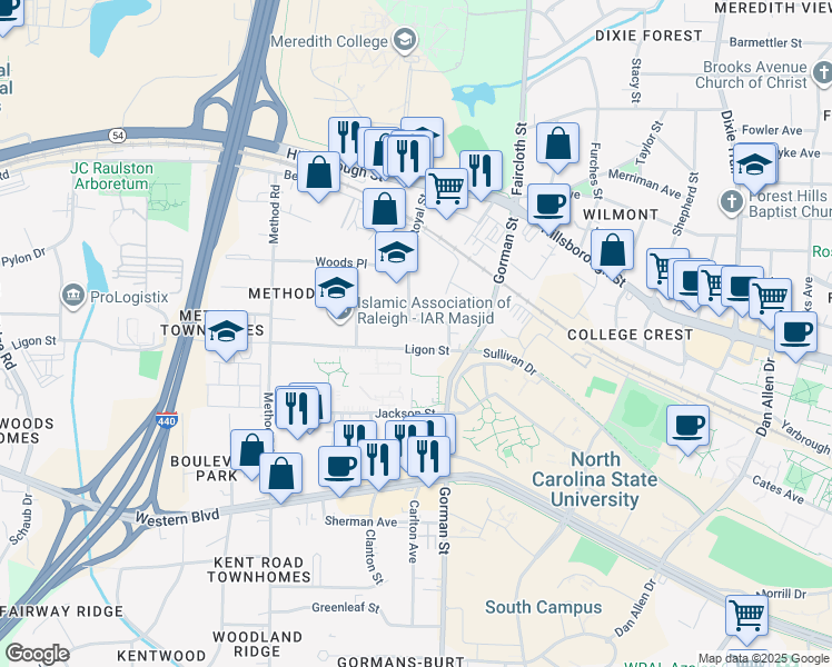 map of restaurants, bars, coffee shops, grocery stores, and more near 2901 Okelly Street in Raleigh