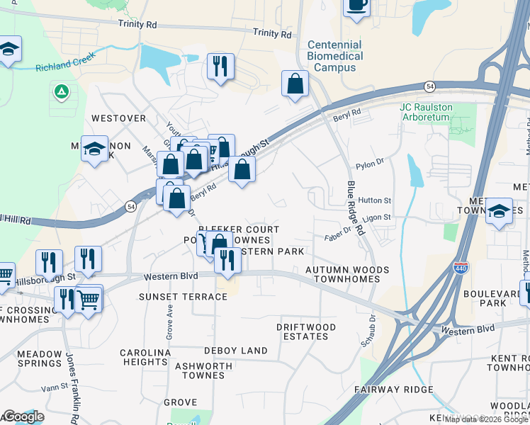 map of restaurants, bars, coffee shops, grocery stores, and more near 4017 Nicolas Place in Raleigh