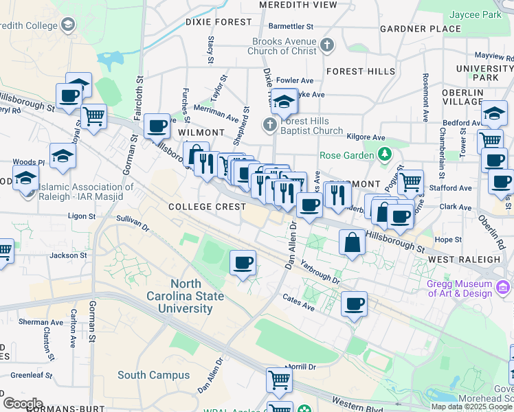 map of restaurants, bars, coffee shops, grocery stores, and more near 3010 Hillsborough Street in Raleigh