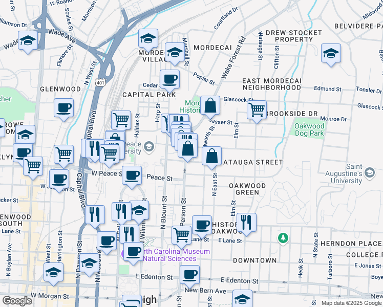 map of restaurants, bars, coffee shops, grocery stores, and more near 710 North Person Street in Raleigh