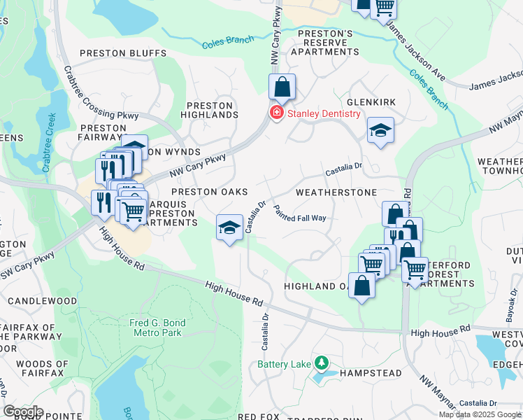 map of restaurants, bars, coffee shops, grocery stores, and more near 101 Muscadine Court in Cary