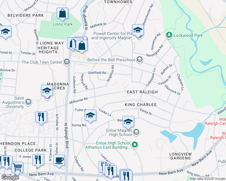 map of restaurants, bars, coffee shops, grocery stores, and more near 732 Brighton Road in Raleigh