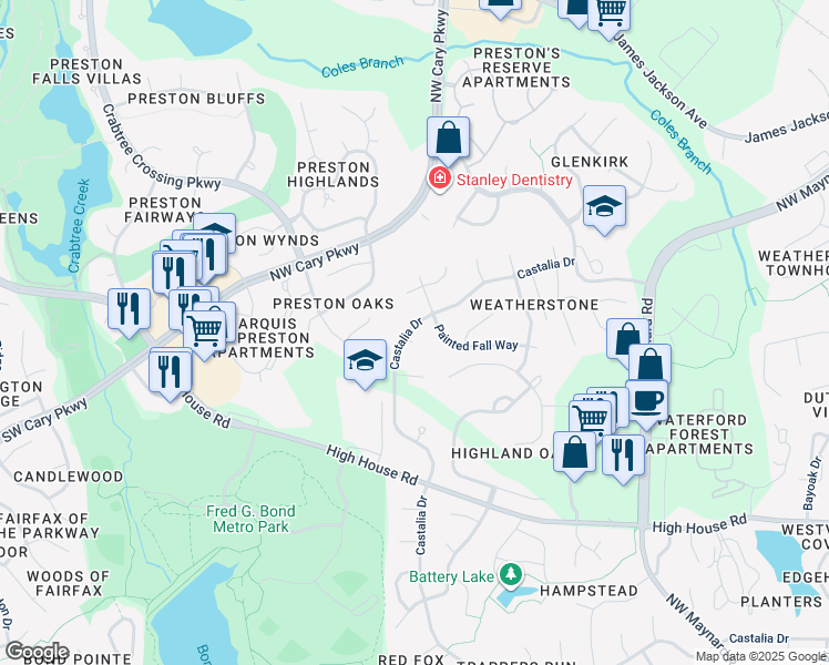 map of restaurants, bars, coffee shops, grocery stores, and more near 101 Muscadine Court in Cary