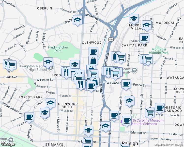 map of restaurants, bars, coffee shops, grocery stores, and more near 801 North West Street in Raleigh