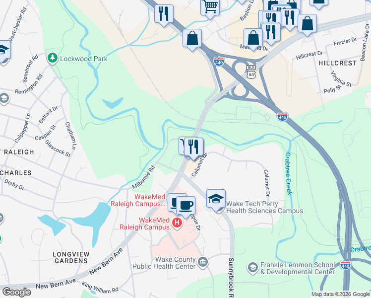map of restaurants, bars, coffee shops, grocery stores, and more near 3151 New Bern Avenue in Raleigh