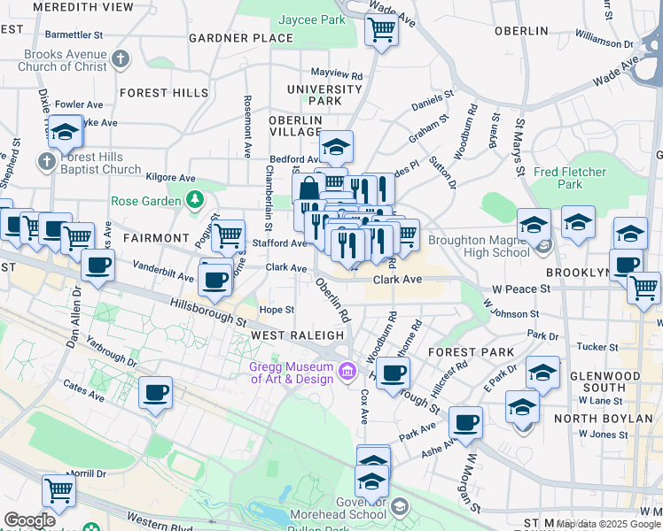 map of restaurants, bars, coffee shops, grocery stores, and more near 2128 Clark Avenue in Raleigh