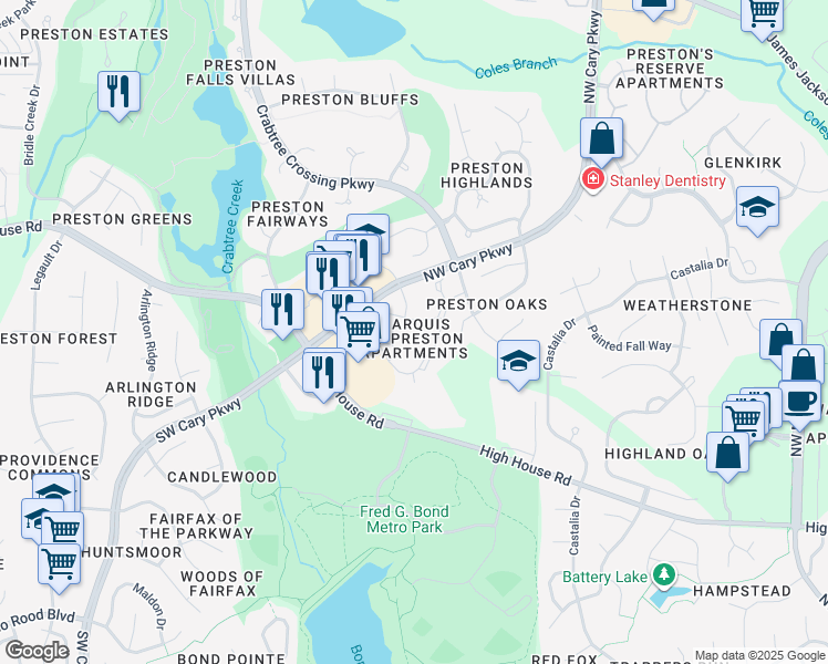 map of restaurants, bars, coffee shops, grocery stores, and more near 2335 Preston Grove Avenue in Cary