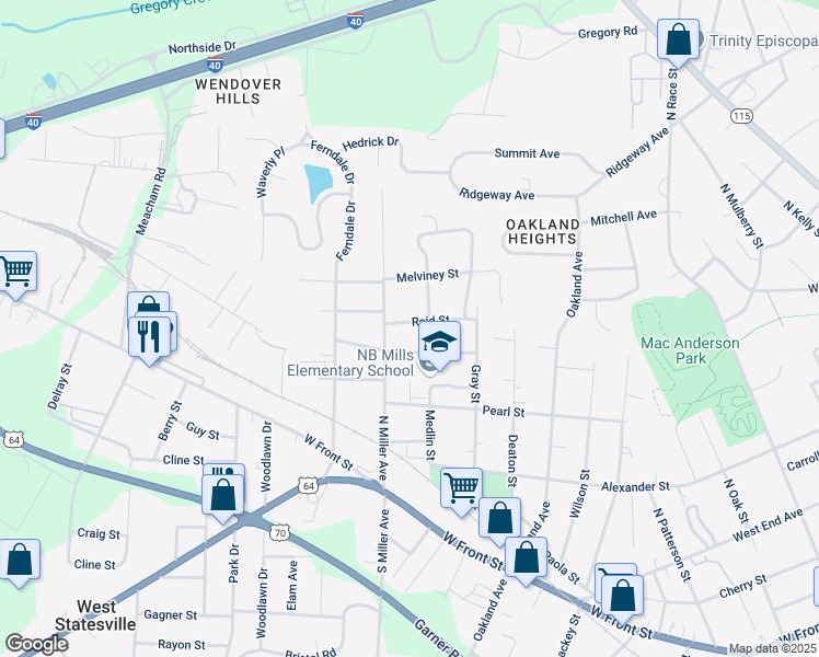 map of restaurants, bars, coffee shops, grocery stores, and more near 1417 Reid Street in Statesville